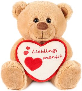 BRUBAKER Teddy Plüschbär mit Herz Rot Beige - Lieblingsmensch - 25 cm - Teddybär Plüschteddy Kuscheltier Schmusetier - Braun Hellbraun