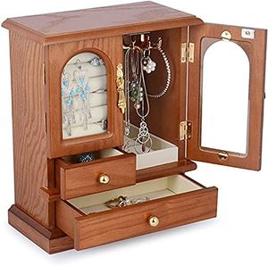 Dřevěná šperkovnice se 2 zásuvkami + 2 otevřenými skleněnými dveřmi + zámek, velká šperkovnice Šperkovnice Hnědá šperkovnice Dřevěná sametová skříňka