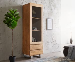 DELIFE Vitrine Live-Edge 60x190 cm Akazie Natur Baumkante 1 Tür 2 Schubladen Massiv