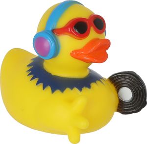 Badeente DJ H8cm PVC gelb bunt Enten Schnabel Badespielzeug Quietscheente Kopfhörer Brille Schallplatte Badewanne