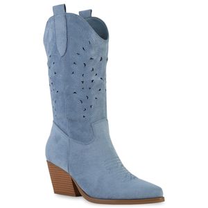 VAN HILL Damen Cowboystiefel Stiefel Stickereien Schuhe 840054, Farbe: Blau Velours, Größe: 38