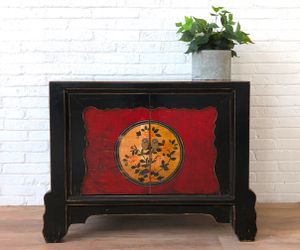 OPIUM OUTLET Chinesische Kommode Sideboard Schrank Möbel asiatisch orientalisch fernöstlich Kästchen Schränkchen Vintage Landhaus Shabby Holz rot-schwarz