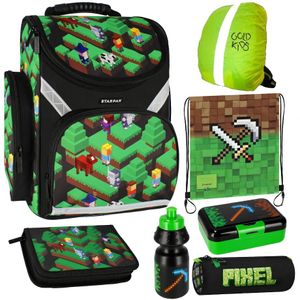 Pixel Game Schulranzen ergonomischer Ranzen Federmappe Turnbeutel Trinkflasche Brotdose Regenschutz 7er Set. Geeignet ab der ersten Klasse der Grundschule