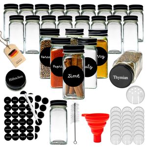 Gewürzgläser Set Eckig 24 Stück inkl. Gewürzetiketten | Organizer zur Aufbewahrung Küche -Glasbehälter für Gewürze, Vorratsdosen, Spice Jars luftdicht