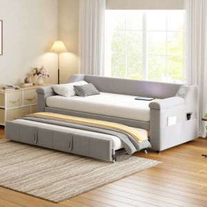 Flieks Tagesbett Daybed 90x190cm mit Bluetooth-Lautsprecher und USB, Schlafsofa Sofabett mit Ausziehbett, Polsterbett mit Taschen, Samt, Hellgrau