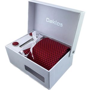 Luxusní set červený kostičkovaný - Kravata, kapesníček do saka, manžetové knoflíčky, kravatová spona v dárkovém balení Kravata Daklos
