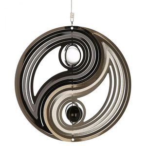 Gilde Windspiel "Yin-Yang" Edelstahl . schwarz / silberfarben ausgelaserter Kreis mit klarer und schwarzer Glaskugel an Drahtseil (L. 53 cm) zum Hängen 50315
