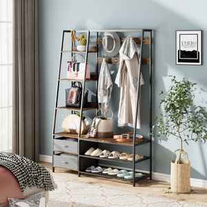 COSTWAY Garderobenständer mit Sitzbank, Garderobe mit 6 Ebenen, 9 Doppelhaken, 2 Stoffkommoden und Schuhregal, Flurgarderobe für Flur, Schlafzimmer, Industrie-Design, 122 x 40 x 180 cm