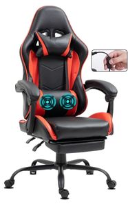 GEMANI Bürostuhl Gaming Stuhl Massage Gaming Sessel Ergonomischer Gamer Stuhl mit Fußstütze Kopfstütze Massage-Lendenkissen Gaming Chair Drehsessel 02-0042 Rot