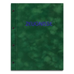 Zeugnismappe im grünen Samteinband mit hochwertigem Prägedruck in blau – handgefertigte Mappe für Zeugnisse inkl. 12 Sichthüllen