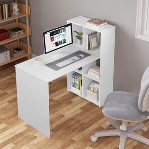 EUGAD Schreibtisch mit Regal links/rechts montierbar, PC Tisch mit Stauraum weiß
