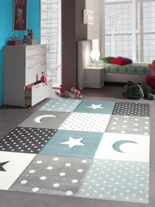 Kinderteppich Teppich Kinderzimmer Babyteppich Stern Mond in Weiss Grau Blau Größe - 160x230 cm
