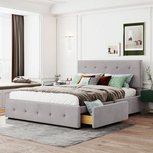 Čalúnená posteľ Merax 140x200 cm s výškovo nastaviteľným čelom a 4 zásuvkami, funkčná manželská posteľ s lamelovým rámom a zamatovým poťahom v sivej farbe