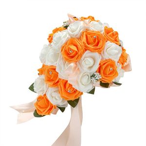 Hochzeitsstrauß Brautbrautjungfer künstlicher Schaumstoff Rose Blume Handgemachte Dekor-Weiß und Orange
