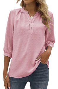 ASKSA Damen Swiss Dot Bluse 3/4 Ärmel Sommer Elegant T-Shirt V-Ausschnitt Tunika Einfarbig Chiffon Hemd, Rosa, XL