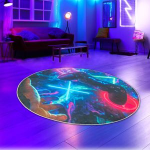 Auffälliger Gaming-Teppich mit lebendig-bunten neon-farbigen Symbolen und schwebendem Controller Größe - 160 cm Rund