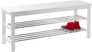Schuhbank - Weiß lackiert - Kiefer massiv - MDF - Metall - 2 Ablagen und 1 Sitzfläche