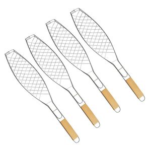 4er Set Fischbräter | 36 x 15 cm  Fischgriller mit Holzgriff | Fischkorb für Grill | Fischhalter mit Klammer | Fisch-Grillzange für Gemüse, Garnelen | faltbare Fischzange | Grillzubehör - Fischgrill