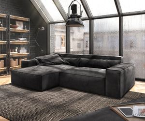 DELIFE Ecksofa Sirpio XL 270x170 cm Mikrofaser Schwarz Recamiere variabel mit Hocker