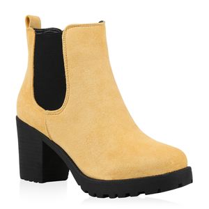 Mytrendshoe Damen Stiefeletten Chelsea Boots Blockabsatz 76870, Farbe: Gelb Schwarz, Größe: 38