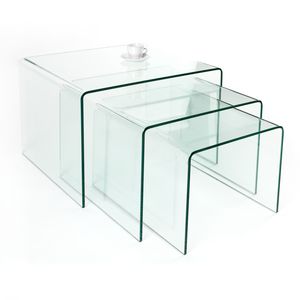 Design 3er Set Glas Couchtisch FANTOME 60cm Beistelltische transparent Glastisch Sofatisch Wohnzimmertisch