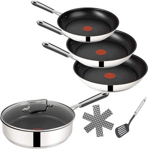 Tefal E30 Jamie Oliver Pfannenset Induktion 7 tlg -SET18- Schmorpfanne mit Glasdeckel 25 cm hoch, Pfannen 28 cm + 24 cm + 20 cm hoher Rand, OFENFEST, beschichtet, Silber