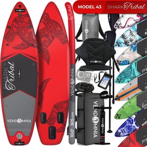 SUP Board Set – 305 cm, aufblasbar, Kajaksitz, Camera Mount, Pumpe, Tragetasche, Paddel, max. 170 kg, Farbwahl - Modelle: Modell 43 - Shark Tribal rot