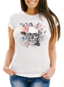 Damen T-Shirt Totenkopf Blumen Flower Skull Boho Schädel Slim Fit Neverless® weiß L