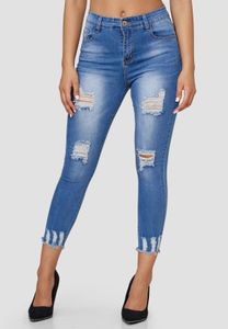 Damen Denim Jeans Hose Stretch Röhrenjeans Skinny Treggings Destroyed Risse, Farben:Blau, Größe:36