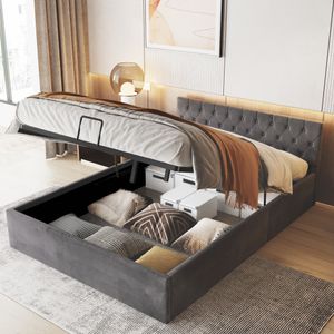 Merax Hydraulická postel Boxspring 140x200 cm Čalouněná postel se zásuvkou, úložná postel s roštem a úložným prostorem, dvoulůžko v sametové barvě, šedá