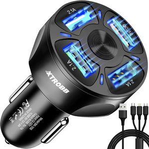 Xtrobb 19907 Nabíječka do auta, 4 konektory USB, Quick Charge + kabel MicroUSB, Lighting, USB-TYP C černá