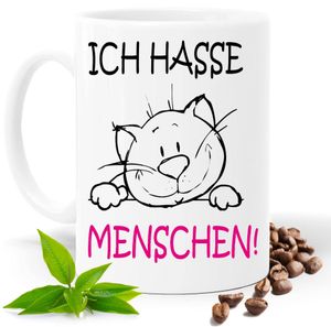 Lustige Tasse mit Spruch Weiss |ICH HASSE MENSCHEN | Katze| Kakao- Kaffee- Tee- Fototasse| Geschenke für männer frauen | Keramik Tasse |Spülmaschinenfest