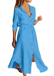 ASKSA Damen Freizeitkleider Sommer Knopf Langarm Shirtkleid  Lockeres Solides Midi Kleid mit Kordelzug, Blau, 3XL