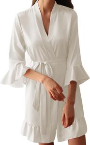 Damen Flanell Bademantel - Weicher, Langer Nachtmantel mit Gürtel, Gemütliche Pyjama-Robe für Damen, Waffel Pique Saunamantel V Ausschnitt Bademantel, Weiß
