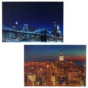 2er-Set LED-Bild Leinwandbild Leuchtbild Wandbild 40x60cm, Timer  Skyline New York