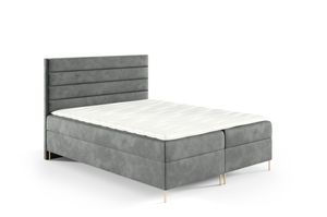 GUTTO Boxspringbett DAKOTA 140 x 200cm 2x Bettkasten TOPPER 5cm Gratis Grau Velour hohe goldene Beine