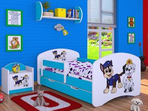 Happy Babies Kinderbett mit Rausfallschutz Junge 140x70 Bett für Kinderzimmer mit Schublade Matratze Einzelbett für Kinder Weiß Blau Hundemotiv
