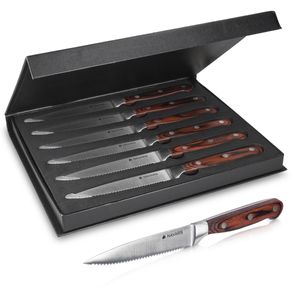 Navaris 6x Steakmesser Set mit Holzgriff - Besteck Messer 6-teilig - Besteckset aus Edelstahl und Holz mit Geschenkbox - Wellenschliff Steakbesteck