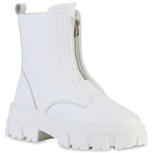 VAN HILL Damen Plateau Boots Stiefeletten Blockabsatz Profil-Sohle Schuhe 838379, Farbe: Weiß, Größe: 38