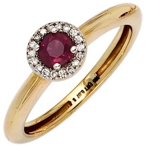 JOBO Damen Ring 585 Gold Gelbgold teilrhodiniert 18 Diamanten Brillanten 1 Rubin rot Größe 58