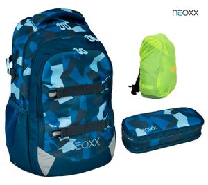 neoxx Active Schulrucksack Camo nation 3tlg. Set mit Schlamper-Box und Regenschutz-Hülle | Rucksack für die Schule | ergonomischer Schulranzen aus recycelten PET Flaschen | Schultasche 5. bis 12. Klasse