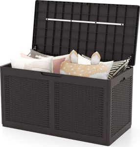 COSTWAY 380 L Gartenbox mit Rollen, Deckel & Rattanstruktur, Auflagenbox wasserdicht Aufbewahrungsbox Gartentruhe Braun