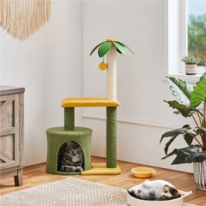 Yaheetech Kokospalme Kratzbaum 94 cm H kleiner Katzenbaum, mit Katzenhöhle Plattform Sisalstämme, Grün-Gelb