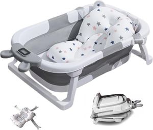 Faltbare Baby-Badewanne mit Echtzeit-Temperaturanzeige, Schwimmkissen & Abfluss, tragbare Reise-Badewanne für Neugeborene & Kleinkinder (0–36 Monate), platzsparende, langlebige Badewanne für Mädchen & Jungen Grau mit Rutschfeste Kissen