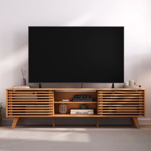 TV Lowboard RIAN mit 2 Schiebetüren für 75" TV Eiche farben - TV Kommode aus massivem Kiefernholz, 3 verstellbare Einlegeböden, TV Sideboard