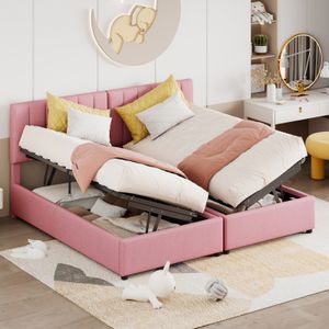 Čalouněná postel Fortuna Lai 180x200 cm, H, manželská postel s úložným prostorem, hydraulická funkční postel, multifunkční manželská postel, pro dospělé a mládež, povlečení, růžová barva