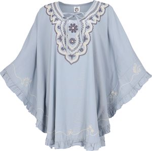 Bestickter Hippie Poncho, Tunika, Kaftan, Strandkleid, Maxi Größe - Taubengrau, Damen, Viskose, Blusen & Tunikas