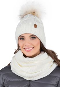 Vivisence damen bommelmütze und schal set warm kopfbedeckung und halsbedeckung an winter und herbst warm dick, wintermütze mit bommel, winterset für frauen, hergestellt in der eu, ecru, einheitsgröße