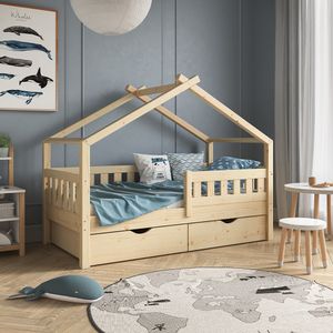 Vitalispa Domečková postel Design, 80x160 cm se 2 zásuvkami a matrací, Přírodní dřevo