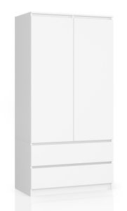 Kleiderschrank weiß, Schrank mit 2 Türen und 2 Schubladen, 90cm breit 180cm hoch, Kleiderstange, Garderobe, Schlafzimmer, Wohnzimmer